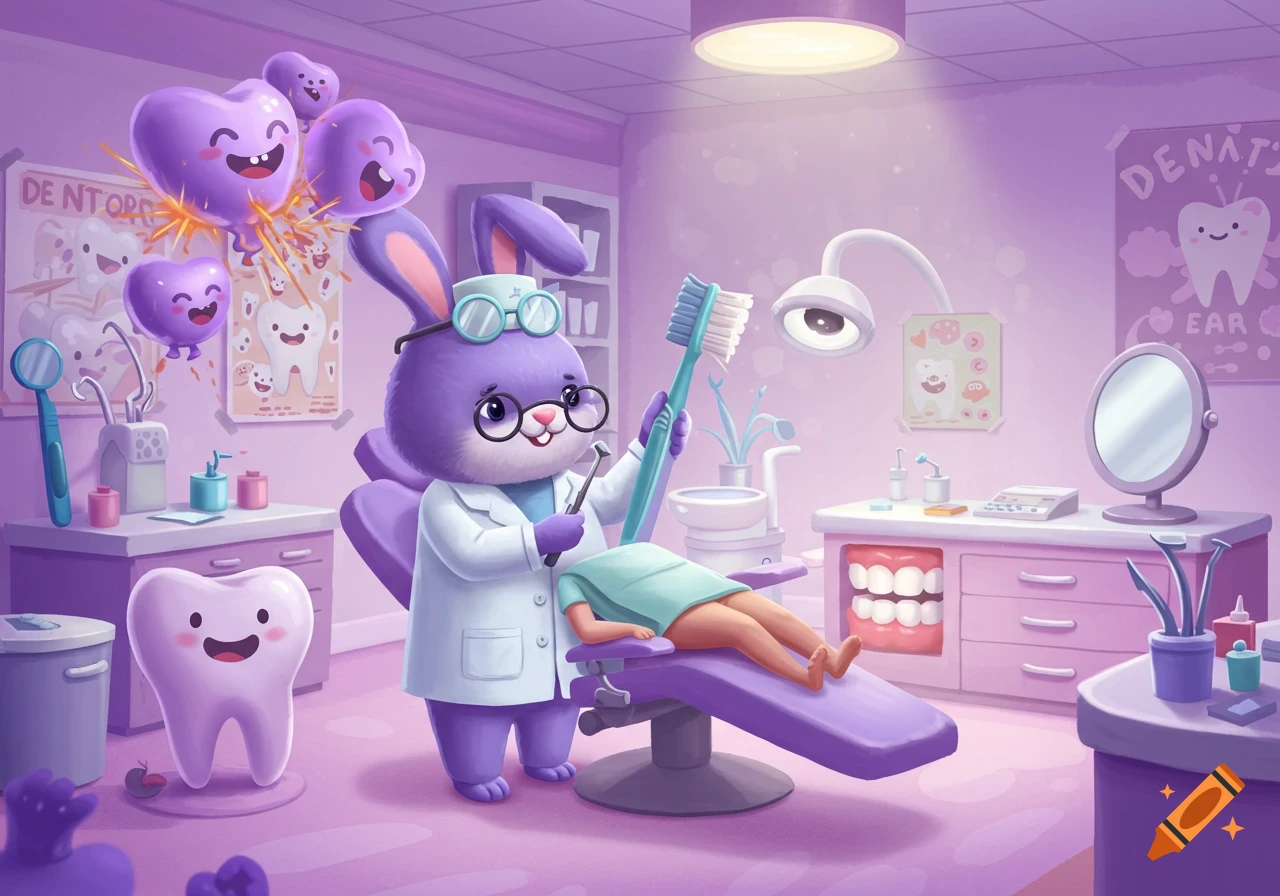 A cute purple cartoon rabbit dentist with glasses and a lab coat stands by a patient on a dental chair, holding a giant toothbrush and a dental tool in a lavender dental office.