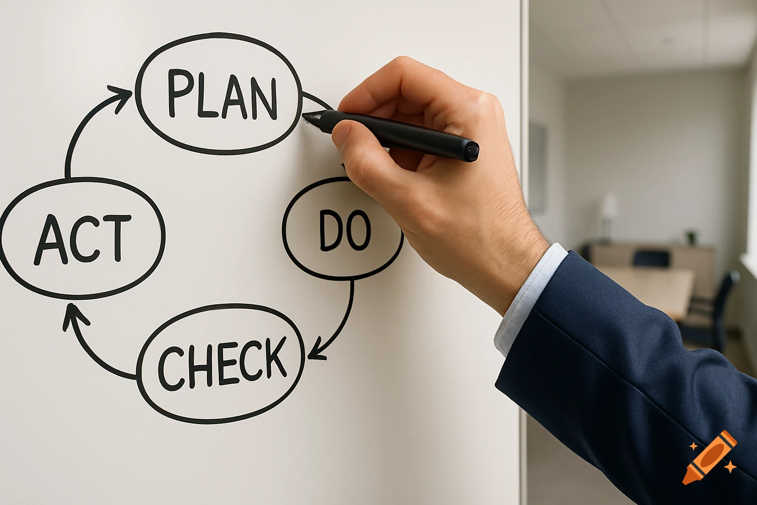 A man's hand in a business suit writes "PLAN, DO, CHECK, ACT" on a whiteboard, forming the Deming cycle in a realistic office setting.