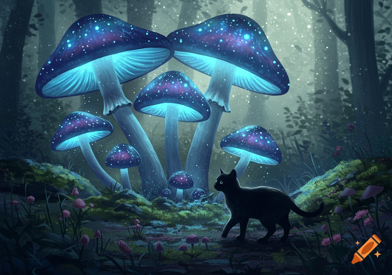 A black cat walks through a magical forest filled with large, glowing blue and purple mushrooms.