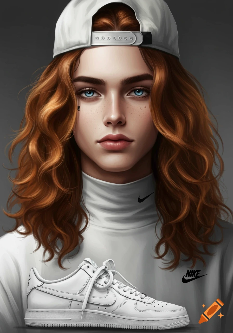 A stylized portrait of a person with wavy reddish-brown hair, blue eyes, a white cap, and a white Nike turtleneck, with a white Nike sneaker.