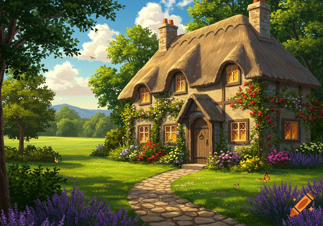 A vibrant illustration of a charming thatched-roof cottage covered in red roses and green vines, surrounded by a lush garden with a stone path.