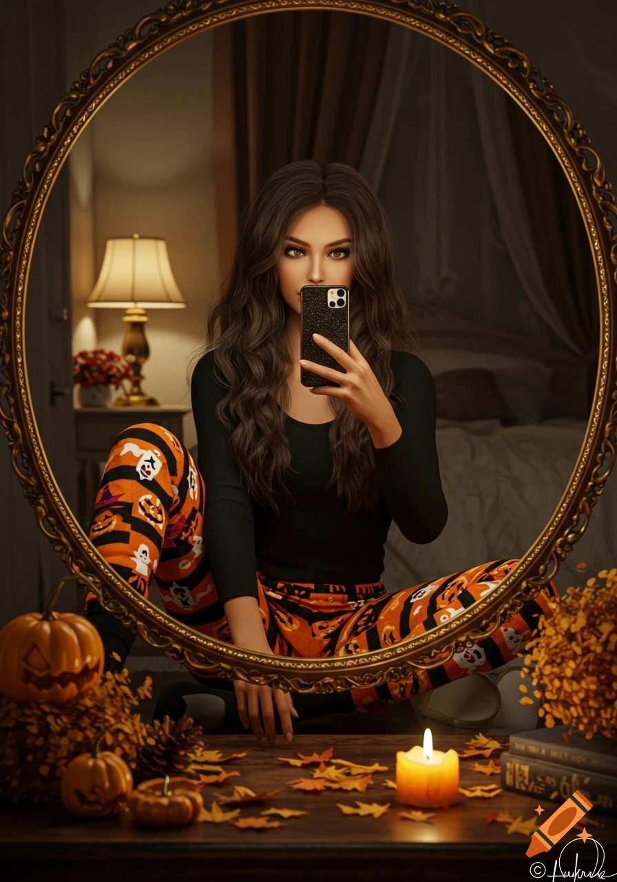 A young woman in Halloween pajamas takes a mirror selfie, surrounded by autumn decor like pumpkins and leaves.