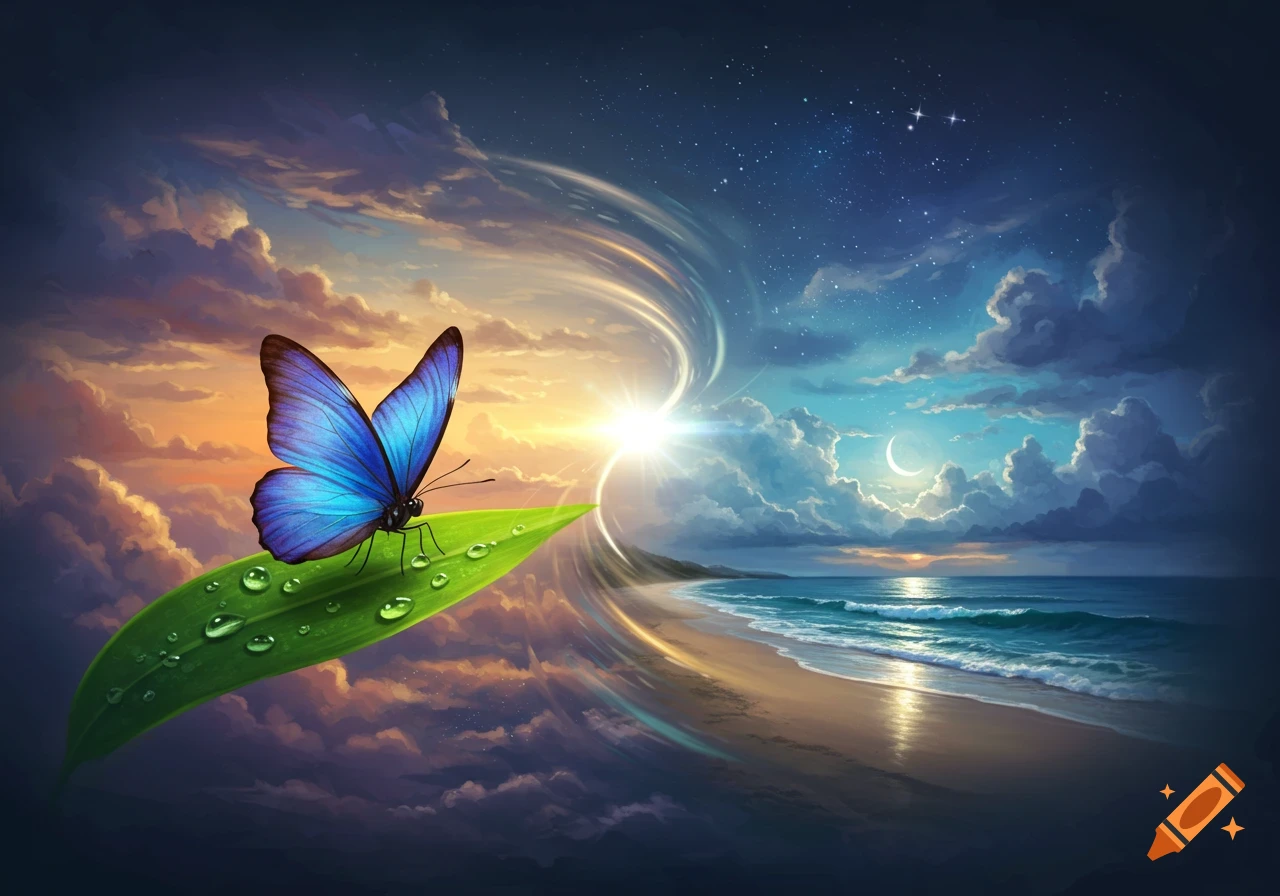 Vibrant blue butterfly on a green leaf with water droplets, set against a fantasy landscape split between sunset and starry night skies over a beach.