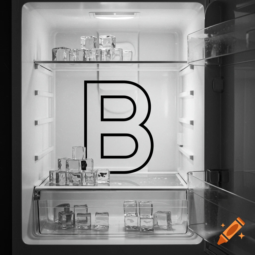 A large, simplistic black outline of the letter B inside a black and white refrigerator, surrounded by ice cubes on shelves.