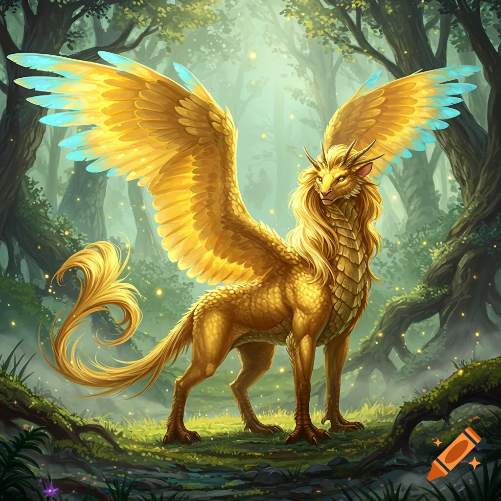A majestic golden mythical creature with large blue-tipped wings and a flowing golden mane stands in a magical forest.
