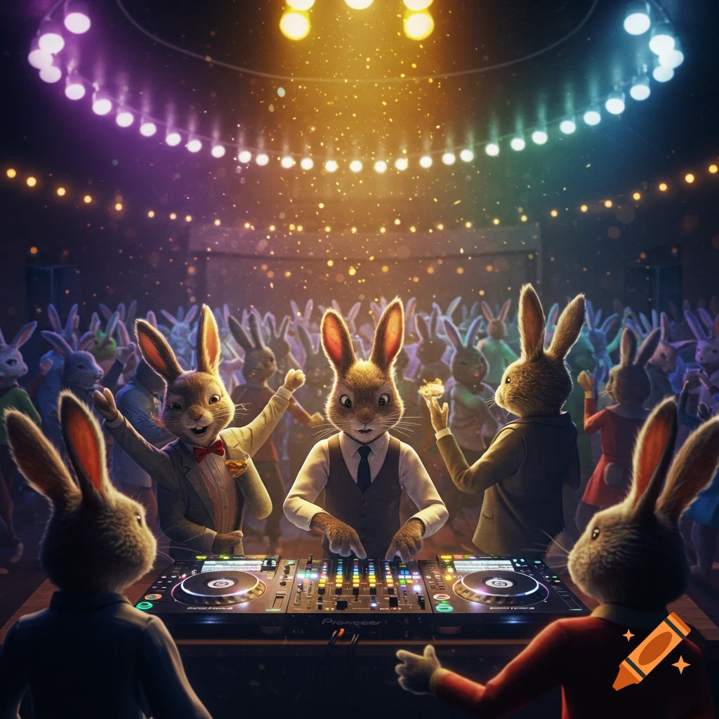 Anthropomorphic rabbits DJing and dancing at a vibrant, light-filled club, with a crowd of happy bunnies in the background.