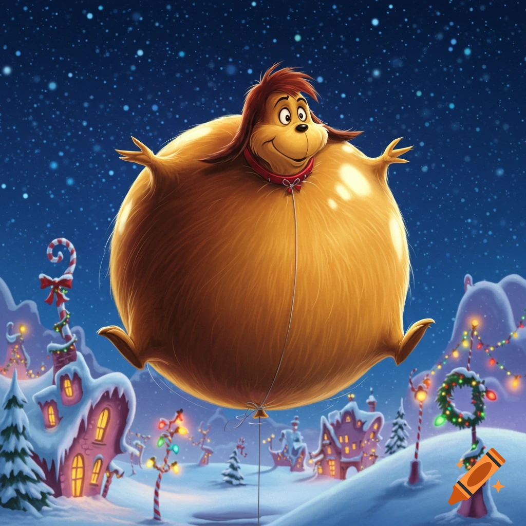 Max the Dog, inflated like a balloon, floats above a snowy, festive Whoville-like village at night.