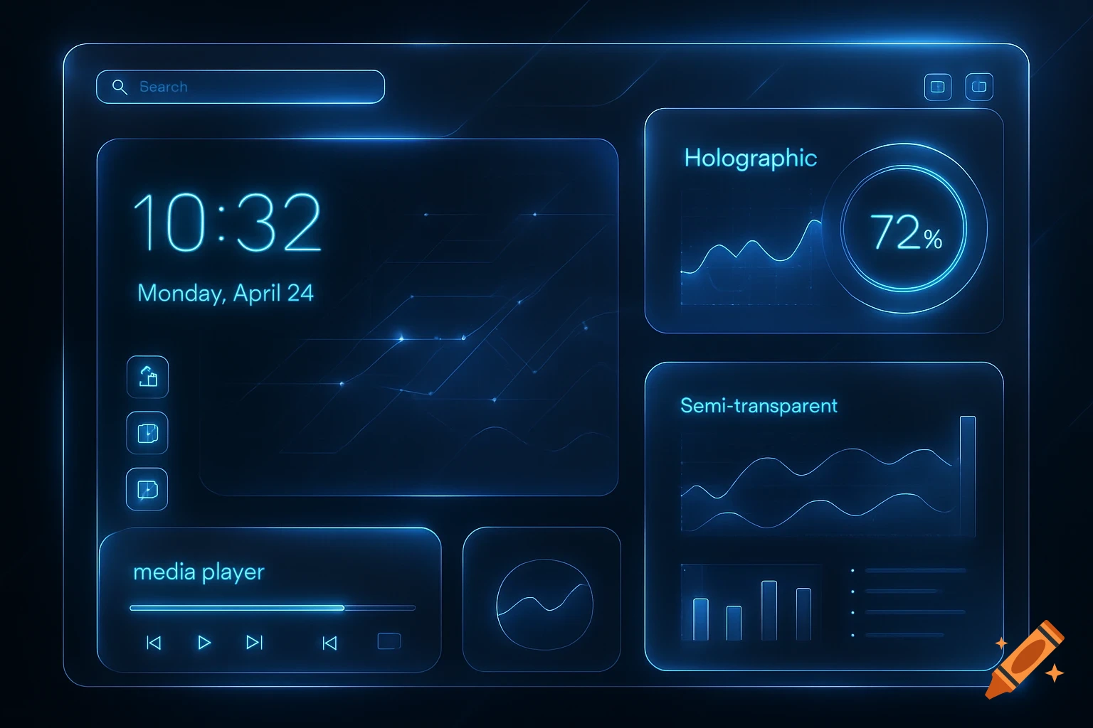 A sleek, dark blue futuristic operating system interface with a clock, search bar, media player, and data widgets.