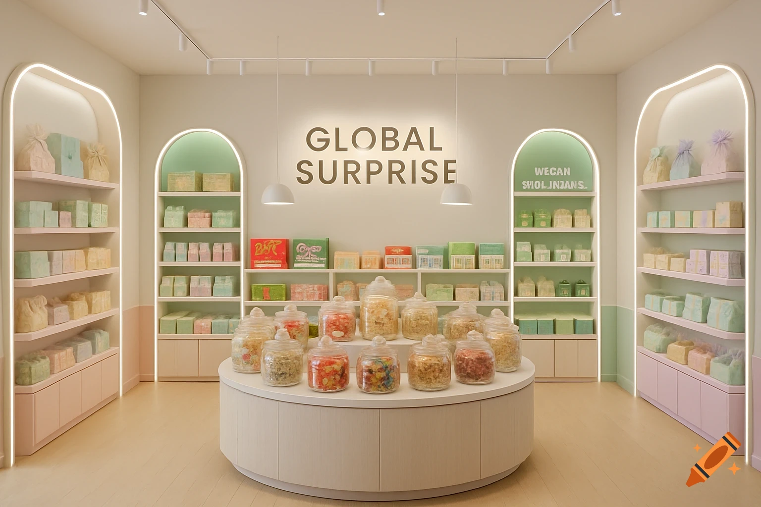 A pastel-colored candy shop interior with a central round display of sweets in jars, shelves filled with gift boxes, and text on the walls.