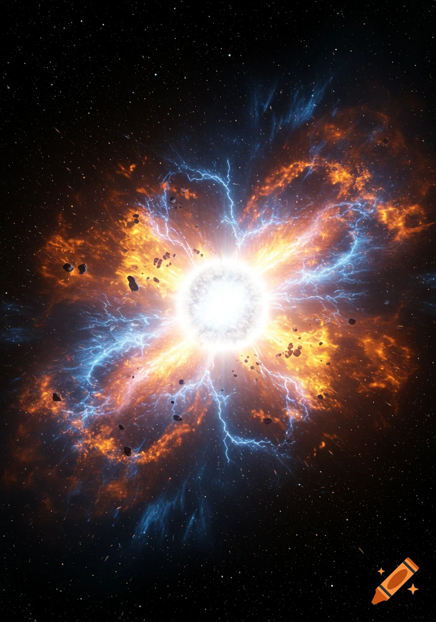 Bright white star or nebula collapsing, surrounded by fiery orange gas, blue lightning, and dark debris in deep space.