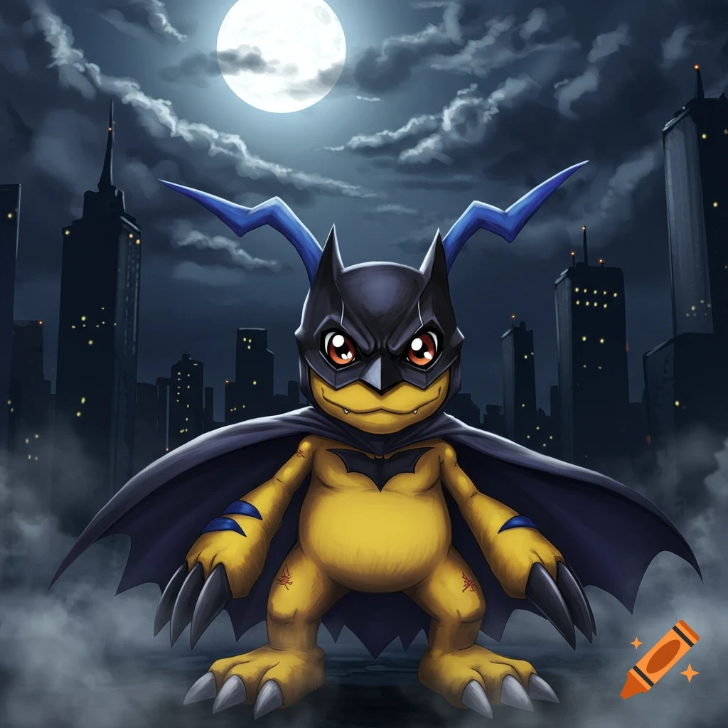 A yellow Digimon resembling Gabumon wears a black Batman mask and cape, standing in a misty city street at night under a full moon.