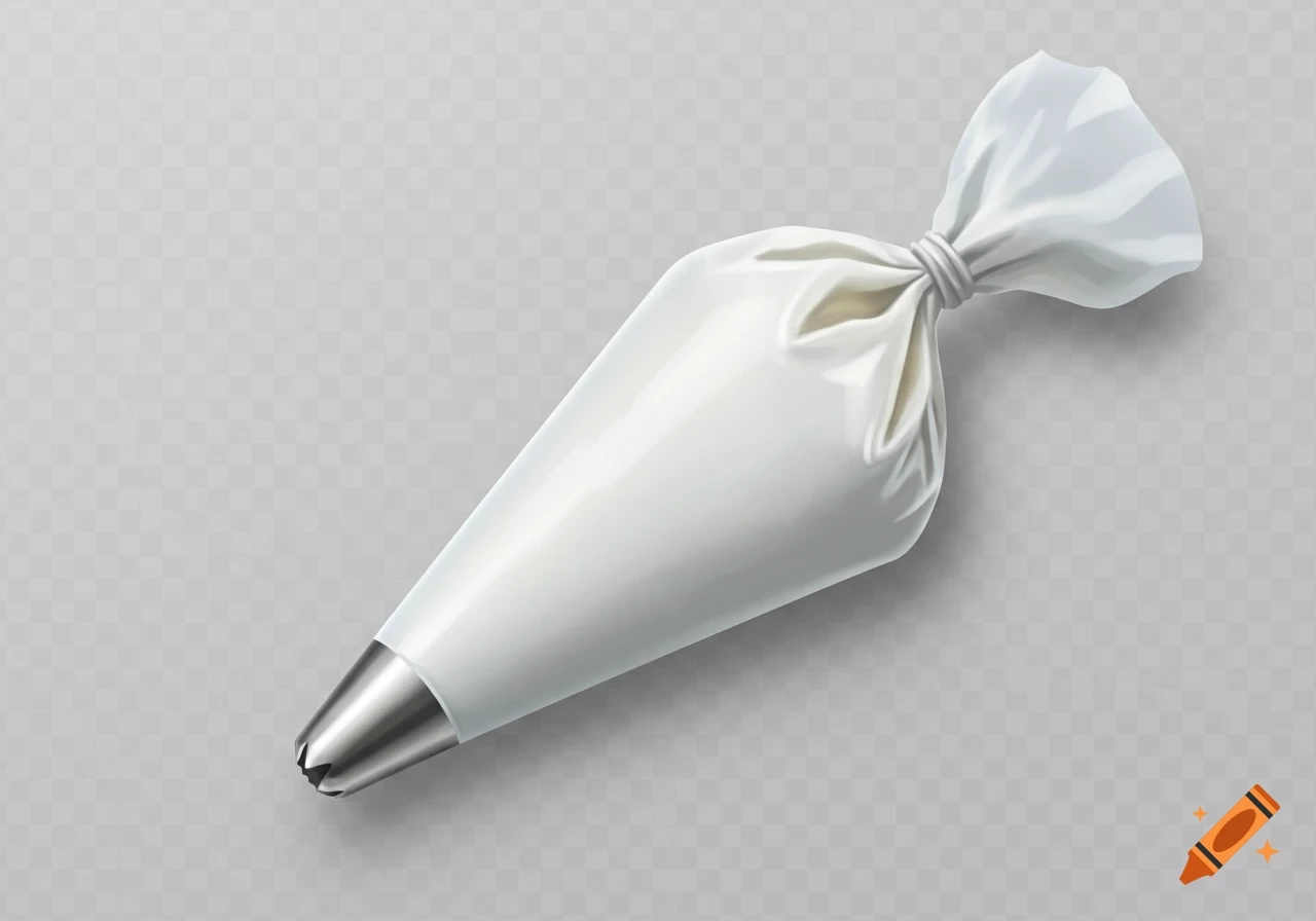 A white piping bag with a silver metal tip, angled on a transparent background with soft lighting.