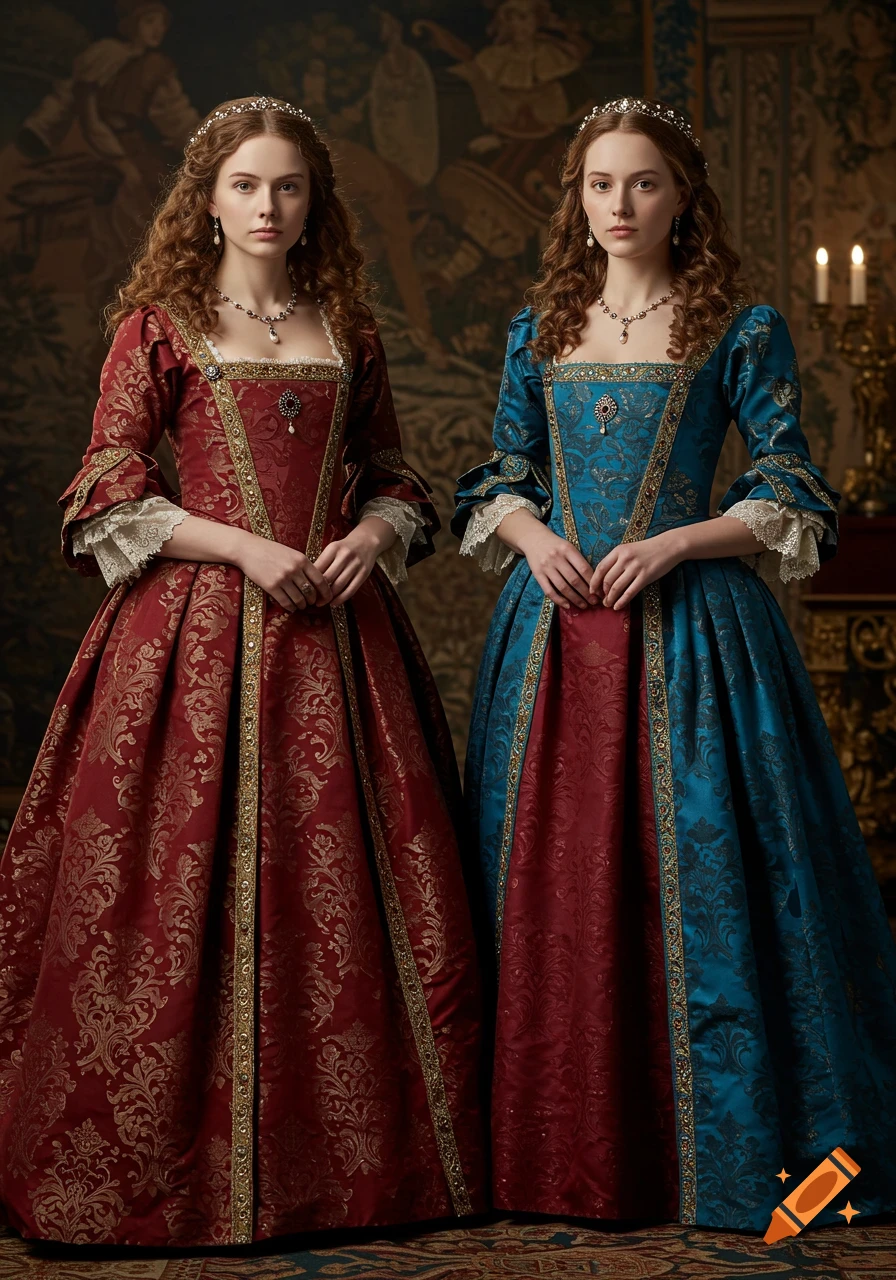 Two women in ornate Renaissance gowns, one red and one blue, stand in a richly decorated room. Photorealistic style.