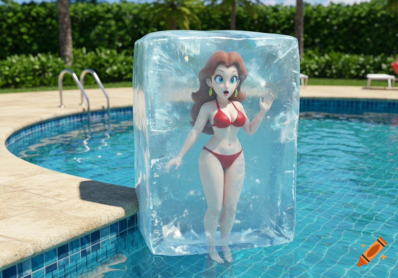 Nintendo character Pauline in a red bikini, frozen inside a large block of ice next to a swimming pool.