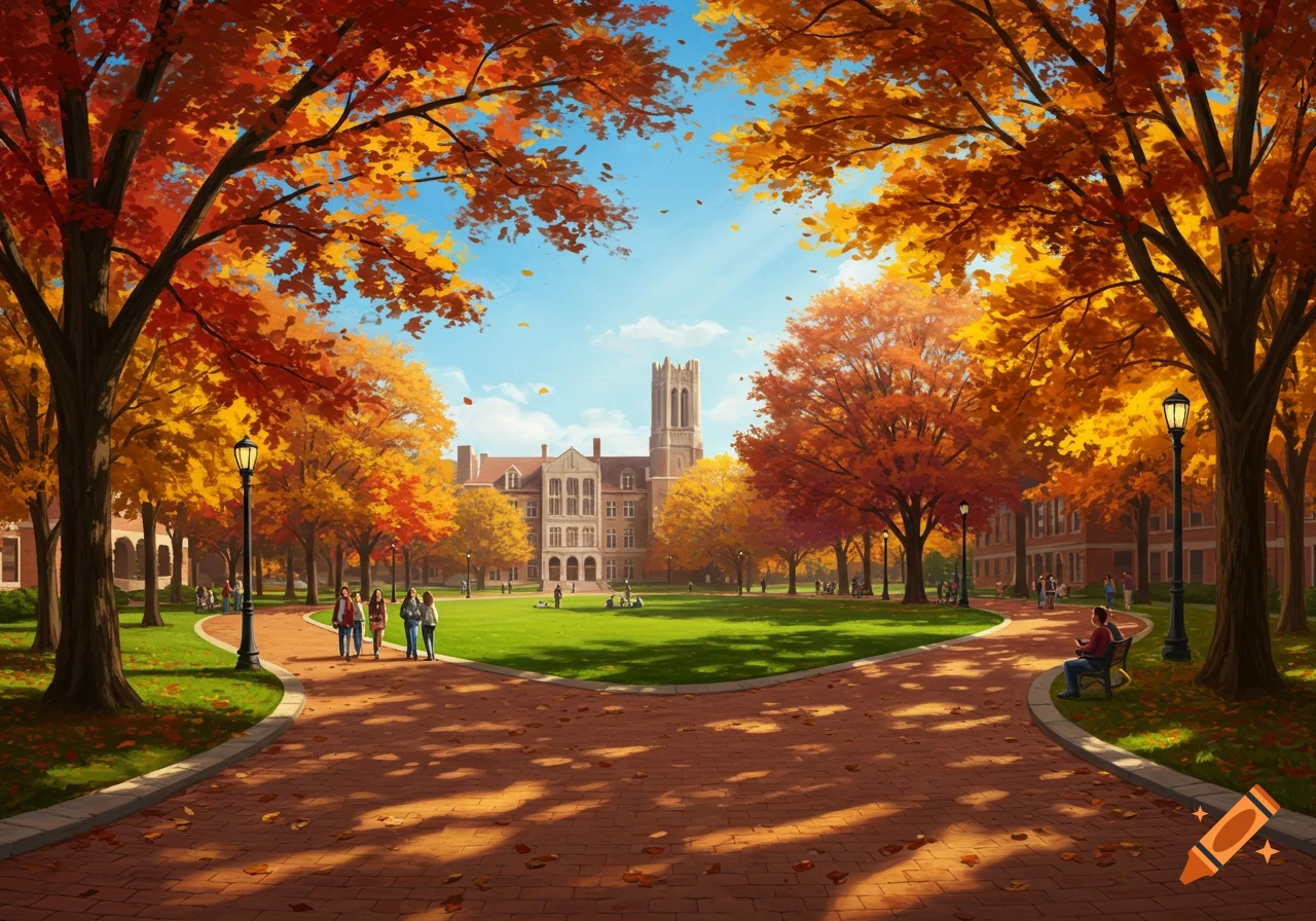 An illustrative autumn scene of a university campus with students walking on brick paths lined with vibrant red and orange trees, leading to a large building.
