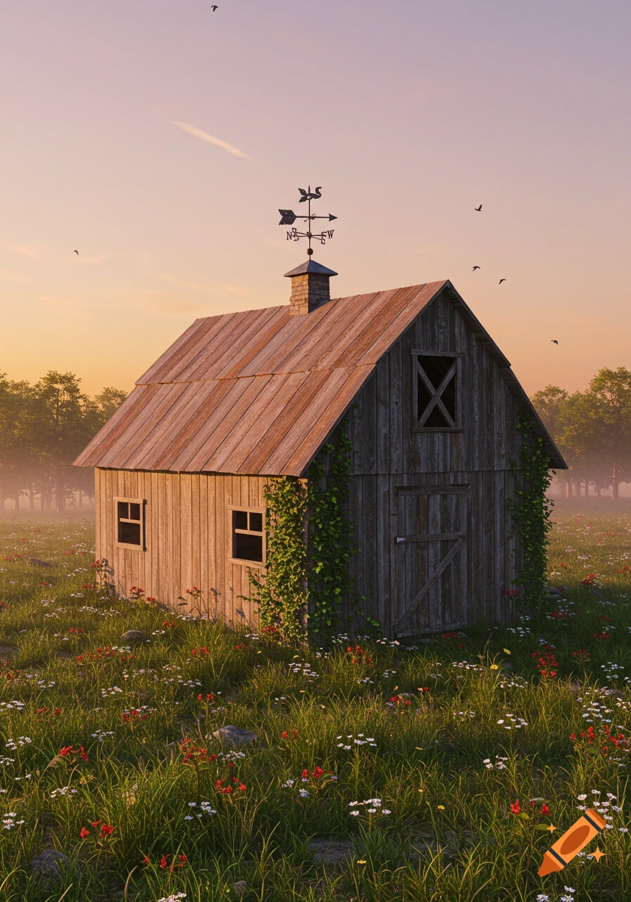 A rustic wooden barn stands in a sunlit field of green grass and wildflowers under a pastel sky with a weathervane on its roof.