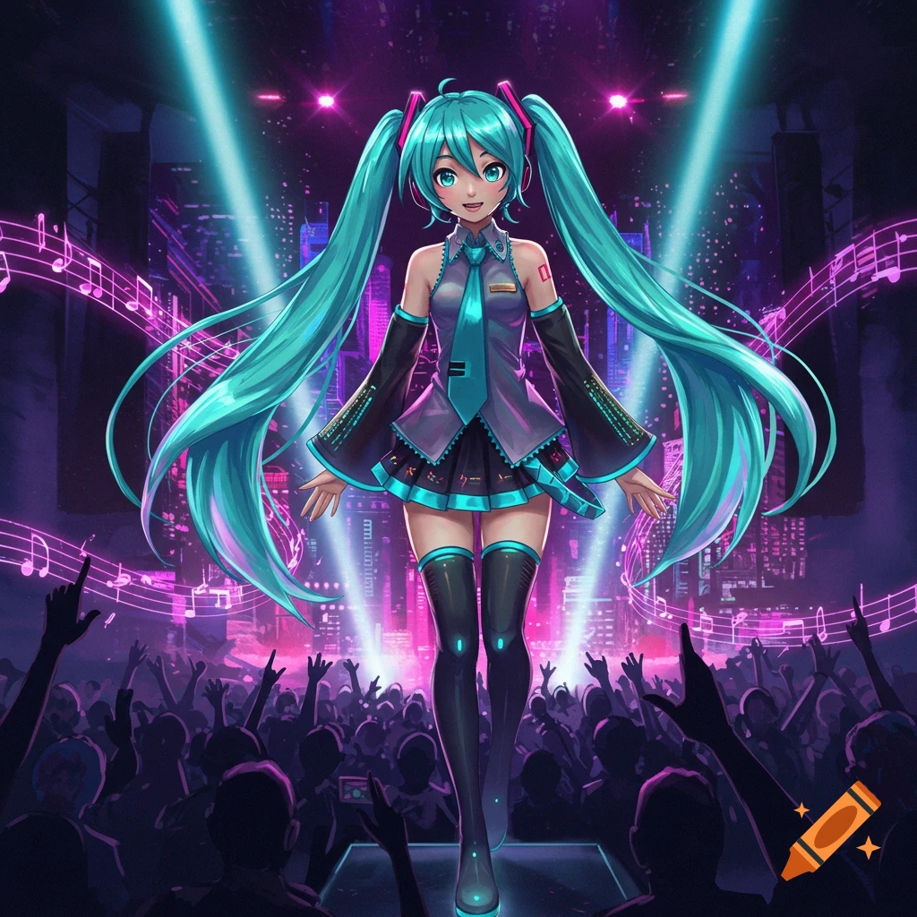 Hatsune Miku performs on a stage bathed in neon pink and blue lights, with a cheering crowd below and floating musical notes.