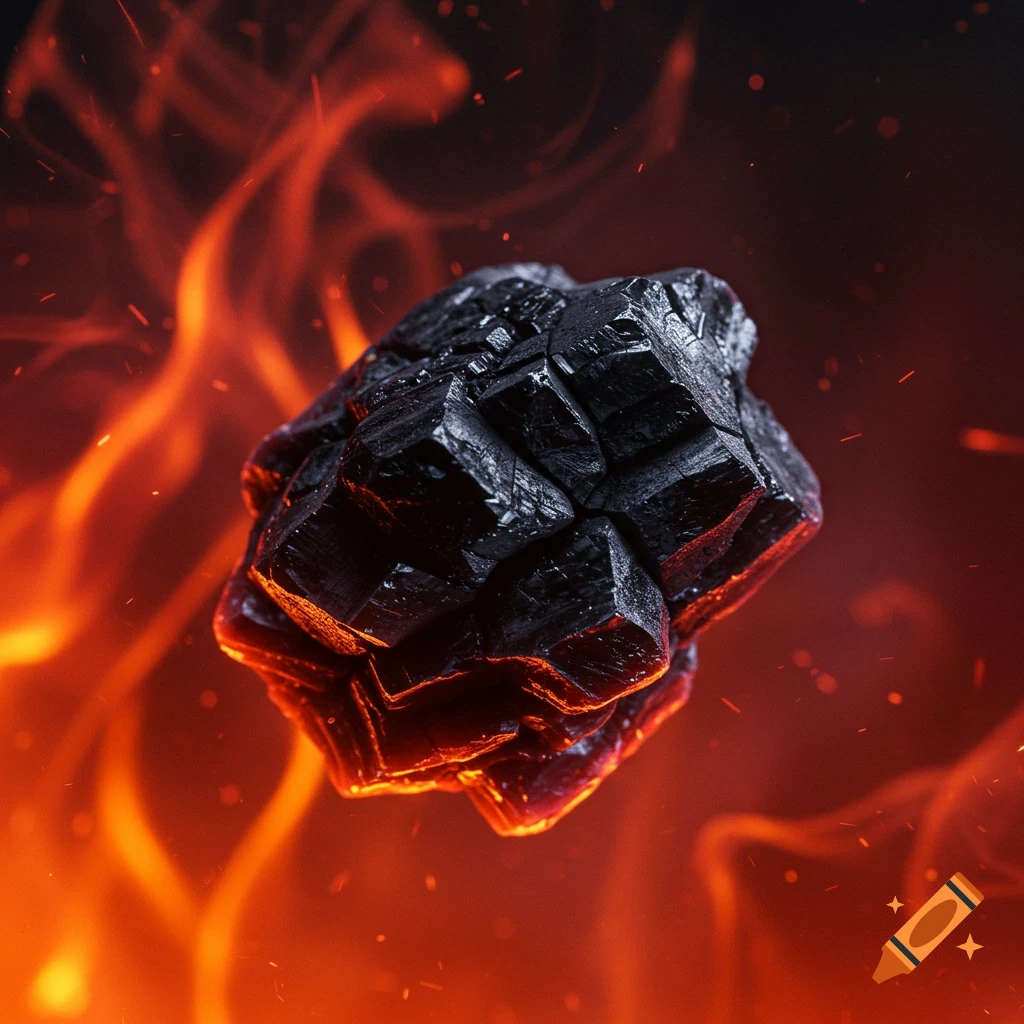 A dark, faceted coal particle glows orange and red, surrounded by bright flames and sparks on a dark background.