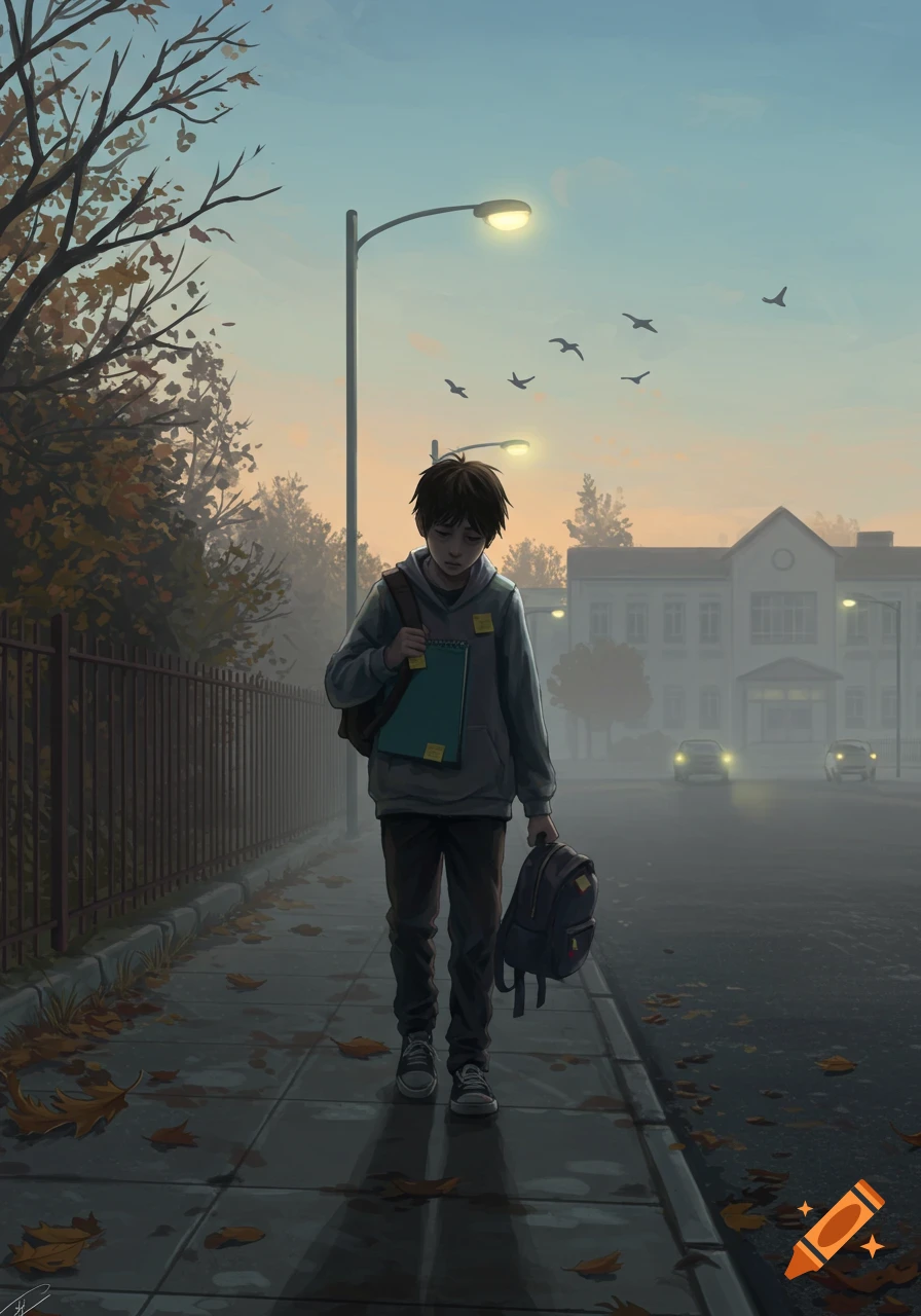 An illustration of a sad boy with a backpack and a clipboard walking on a sidewalk with autumn leaves and streetlights, a school building in the background.