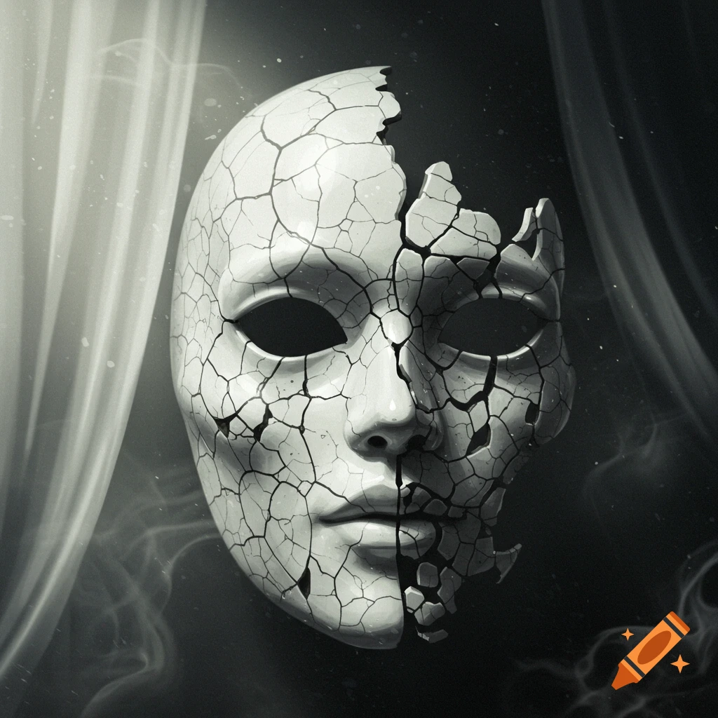 A white cracked mask, half-broken and fractured, against a dark, smoky background with a light curtain on the left.
