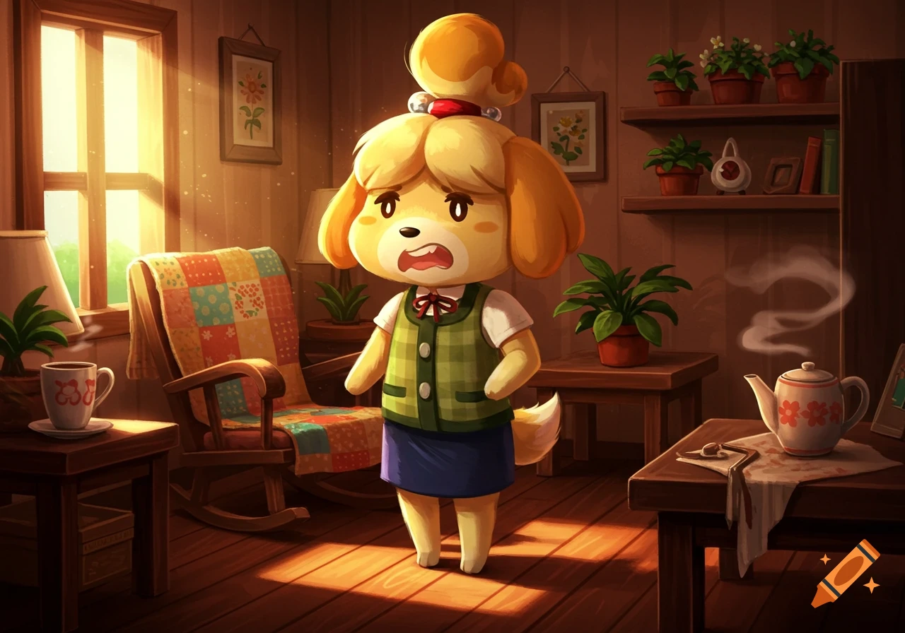 Isabelle from Animal Crossing, looking angry, stands in a sunlit wooden room with plants and a rocking chair, in a cartoon style.