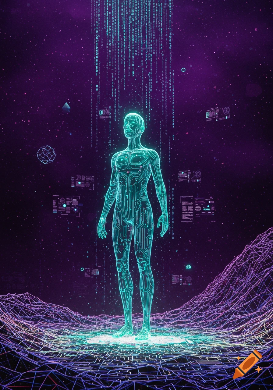 A glowing circuit board human figure stands on a digital landscape ...