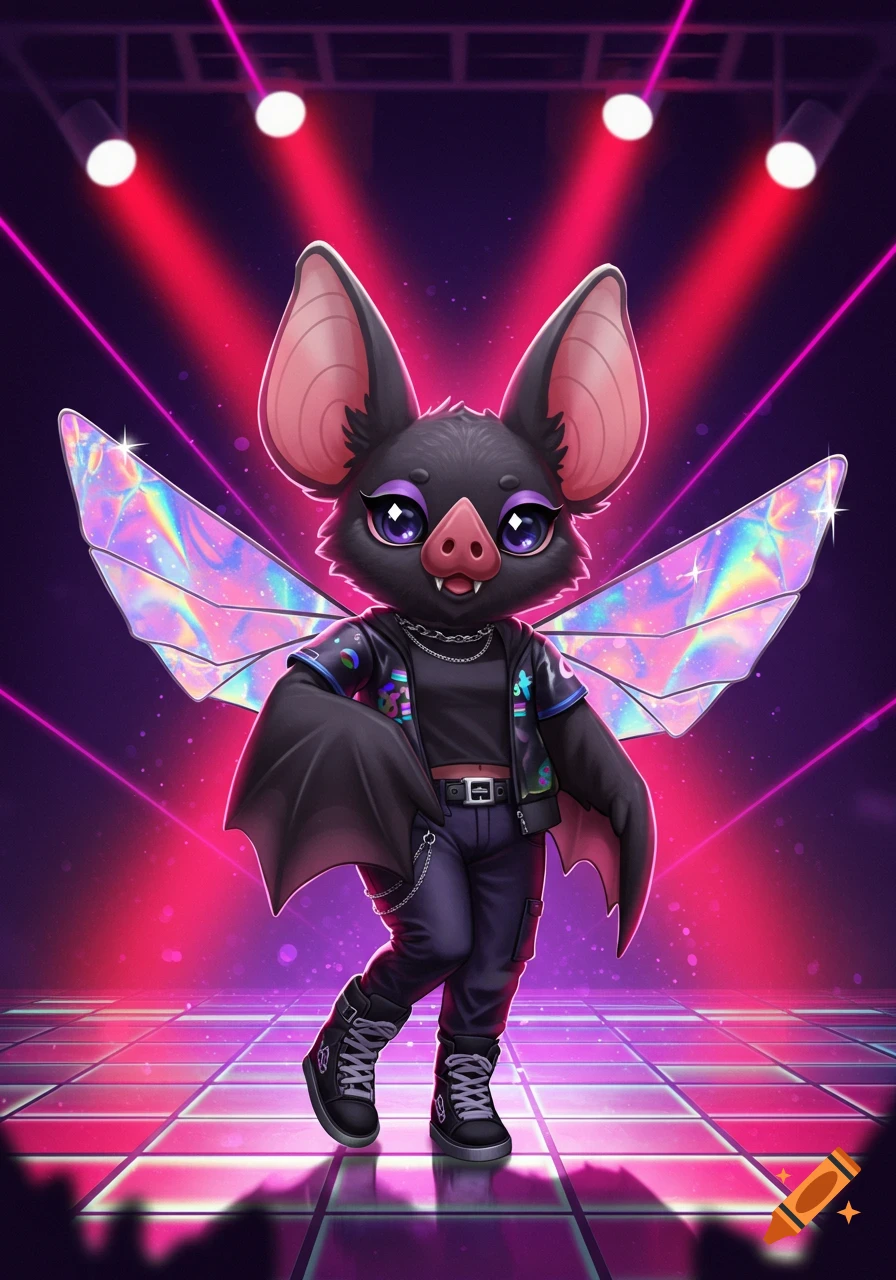 A cute cartoon K-pop bat mascot with iridescent wings, wearing a black jacket and pants, stands on a neon-lit stage.