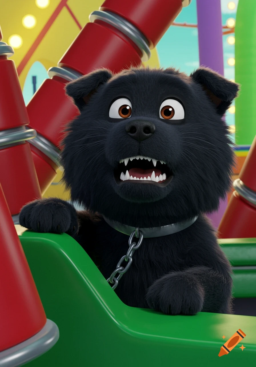 A cartoon black dog with a distressed expression, wide eyes, and bared teeth in an amusement park ride with red and green elements.
