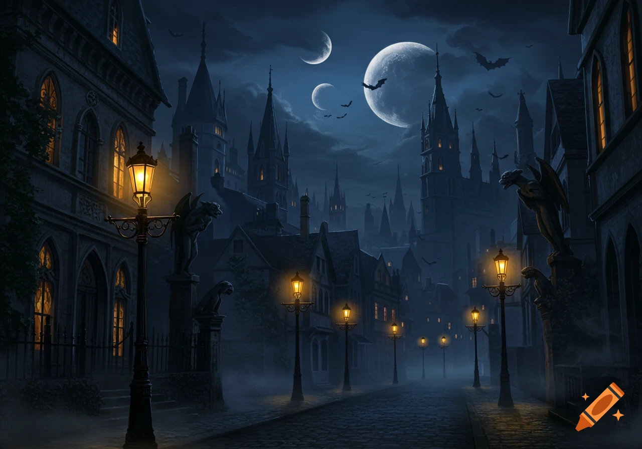 A dark gothic city street at night with towering buildings, glowing street lamps, gargoyles, bats, and multiple moons.