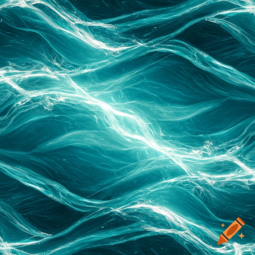 Abstract glowing teal and white wavy lines creating a dynamic water pattern.
