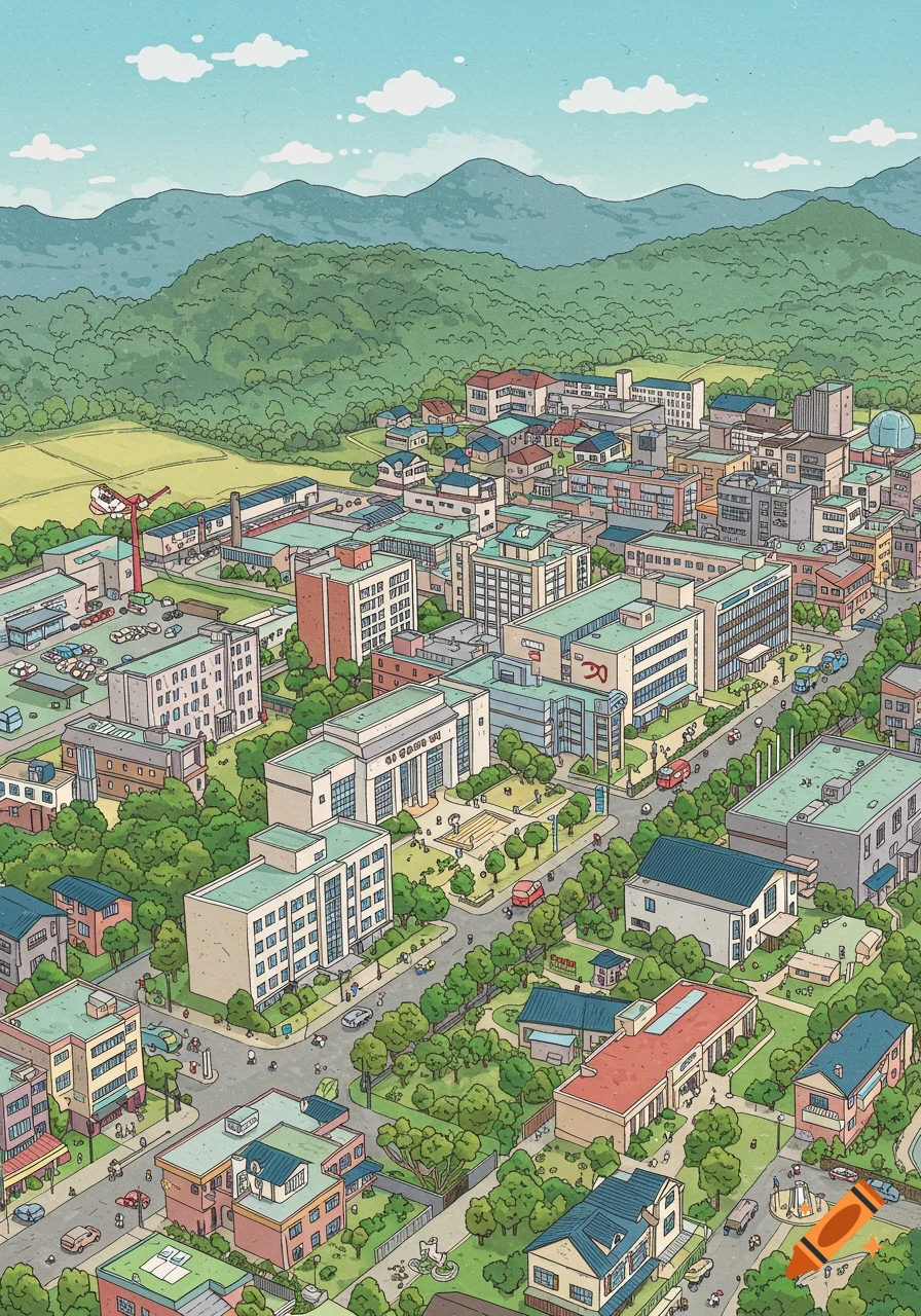Isometric cartoon illustration of a bustling town with buildings, roads, trees, cars, and mountains in the background.