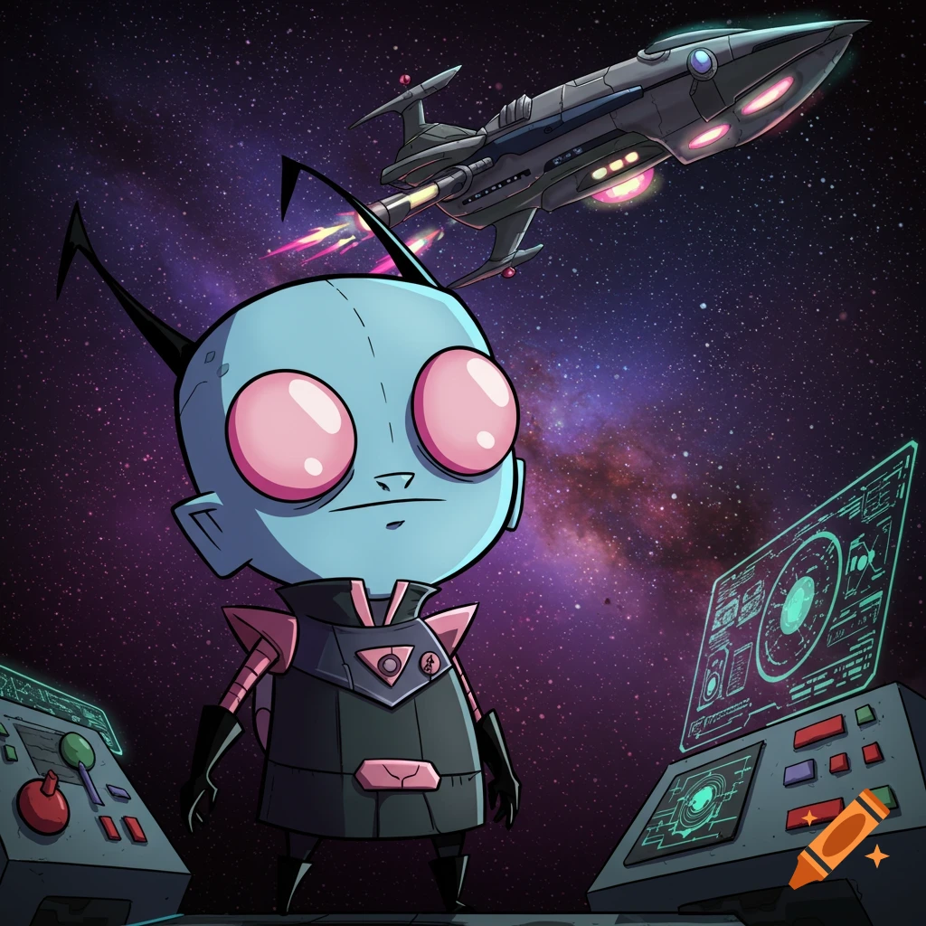 A light blue alien with large pink eyes stands in a spaceship control ...