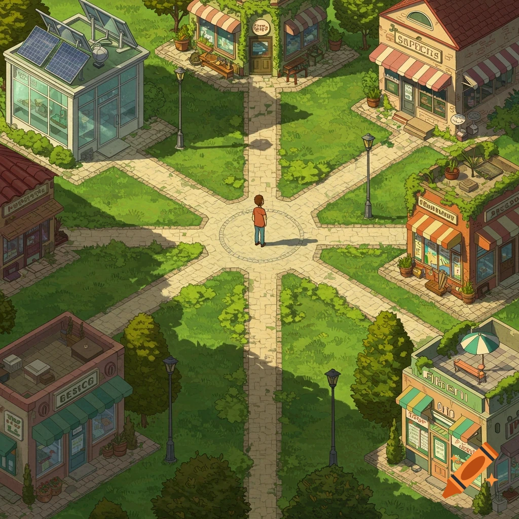 An isometric cartoon-style view of a person standing at the center of a park with paths branching to different businesses and buildings.