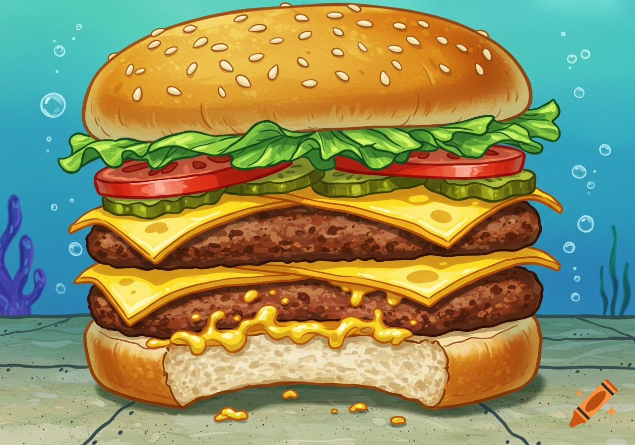 A cartoon cheeseburger with a bite taken out, in a SpongeBob style underwater setting.