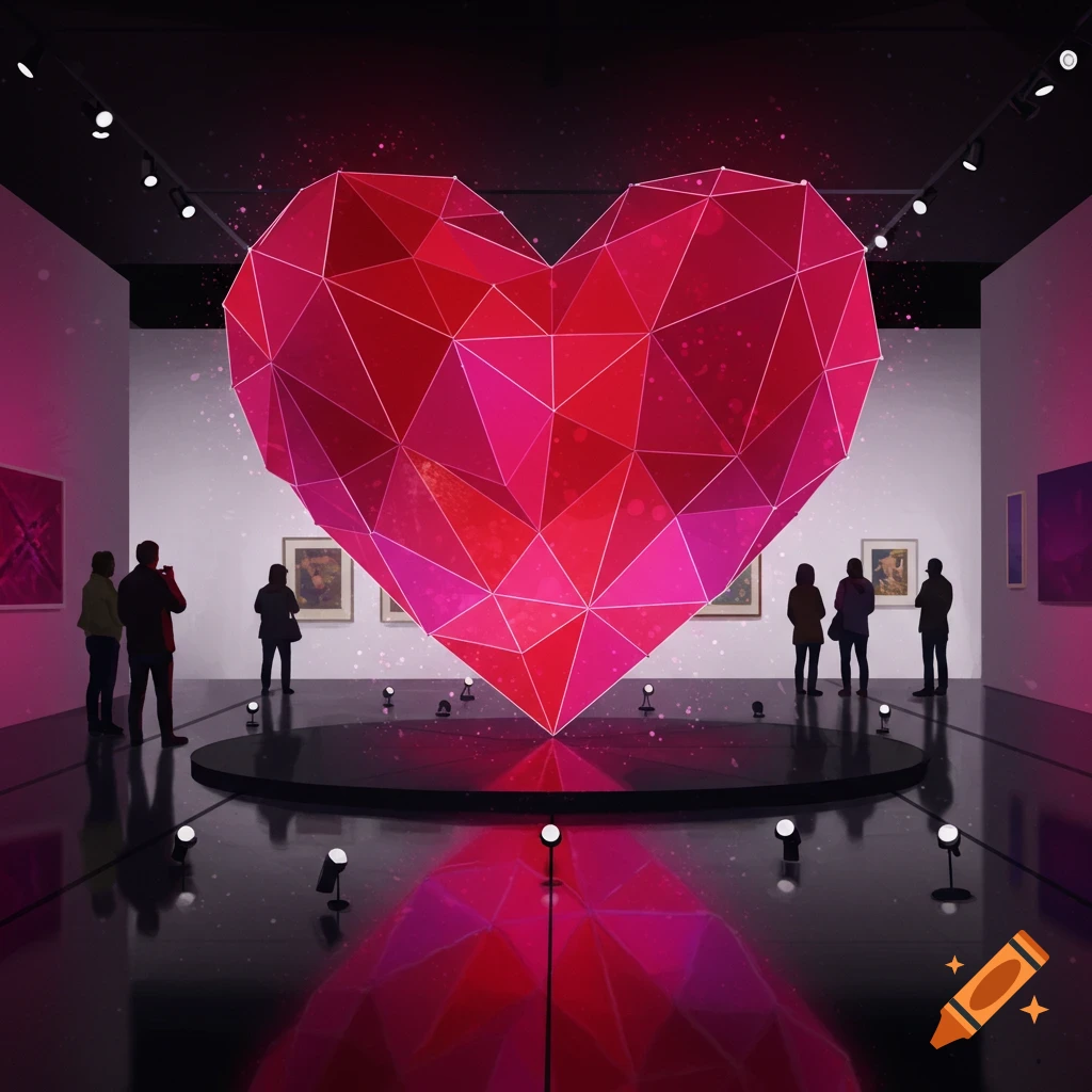 A large, glowing, faceted red heart sculpture on display in a dark art gallery, with silhouetted visitors.