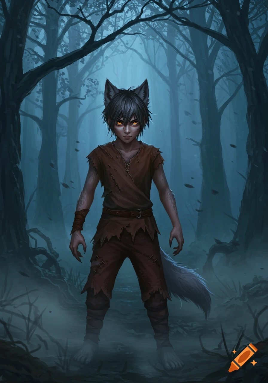 A young, gray-haired wolfboy with glowing orange eyes and ragged brown clothes stands barefoot in a dark, misty forest.