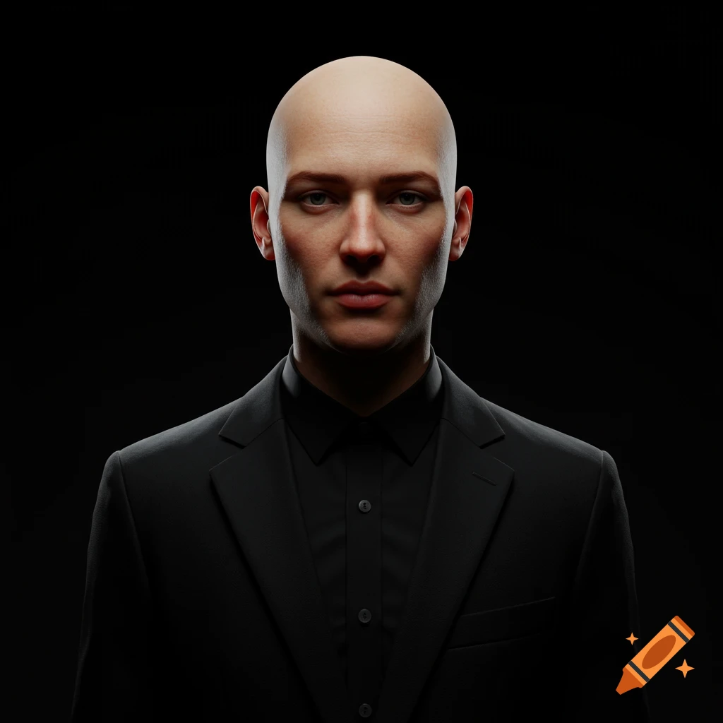 A photorealistic portrait of a bald man in a black suit and black shirt against a dark background.
