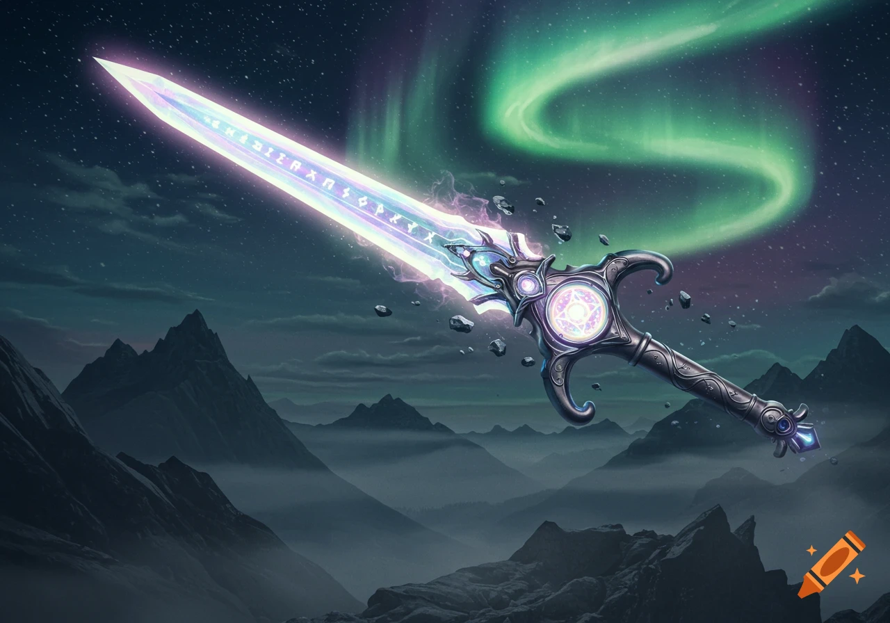 A glowing magical sword with runes on its blade floats against a nighttime mountain landscape with a green aurora borealis in the sky.