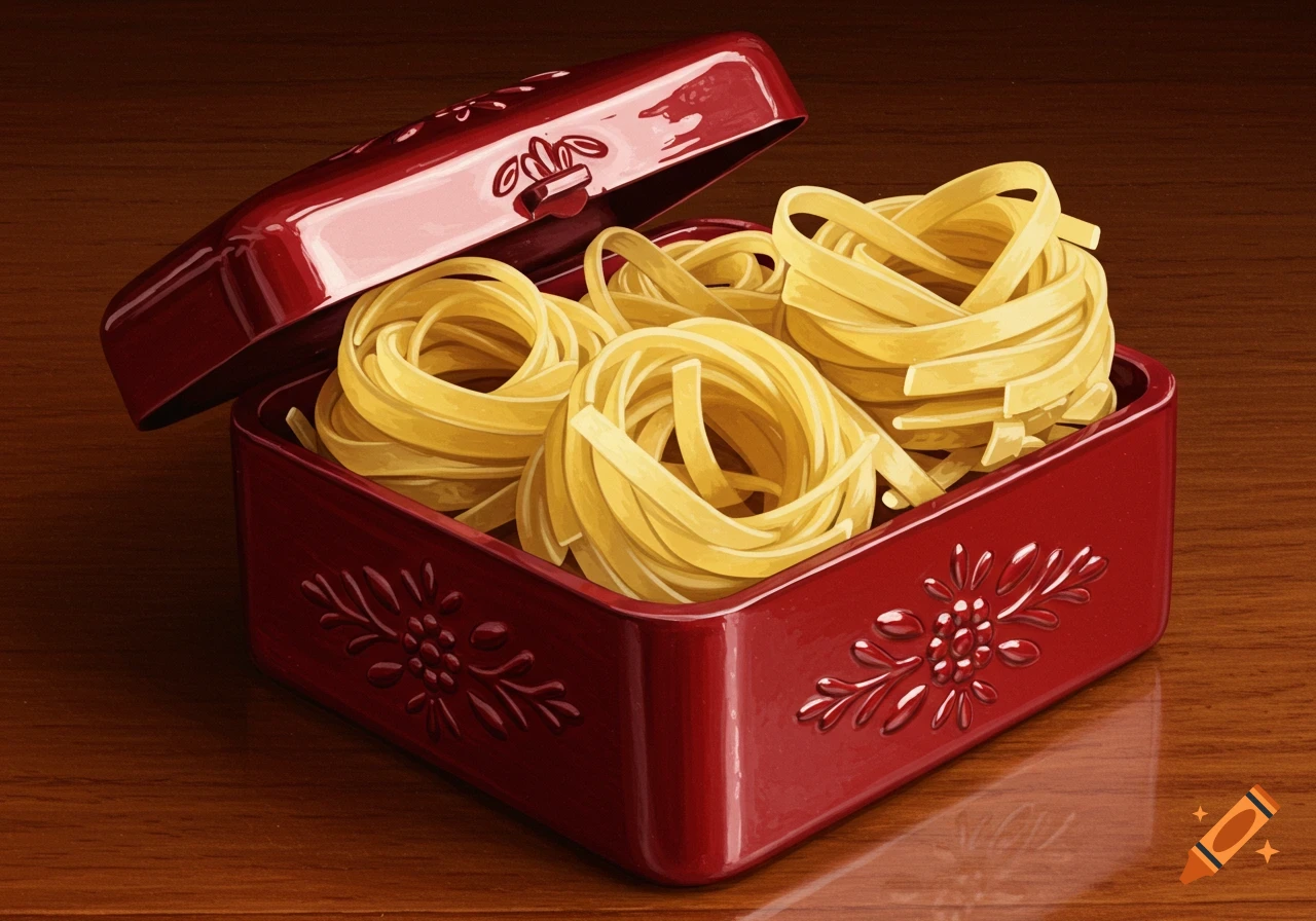 Fettuccine pasta neatly arranged in a red decorative candy box on a wooden table.