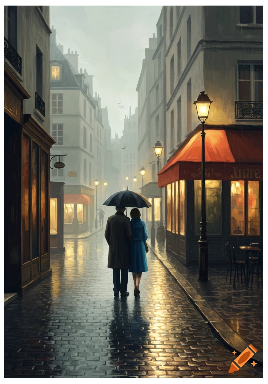 A painting of a couple with an umbrella walking down a rainy Parisian street lined with lamplit shops.