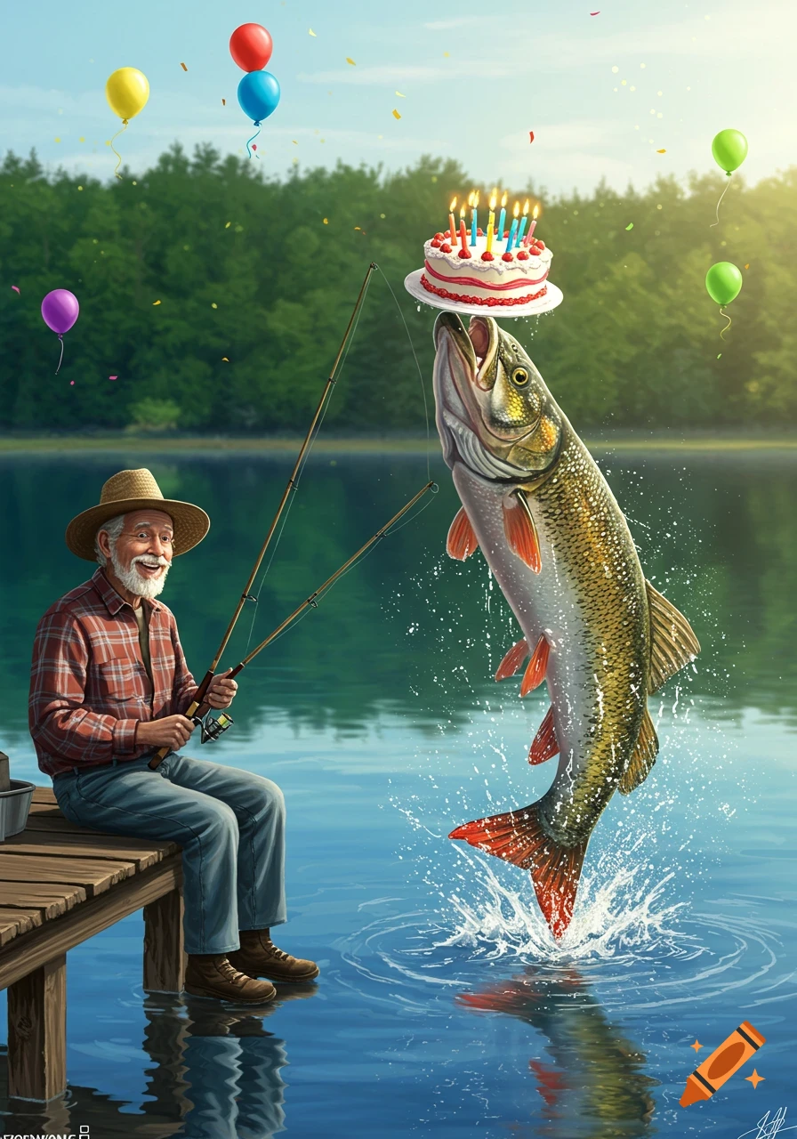 Illustrated old man fishing on a dock while a large fish jumps from the lake with a birthday cake on its nose, balloons floating.