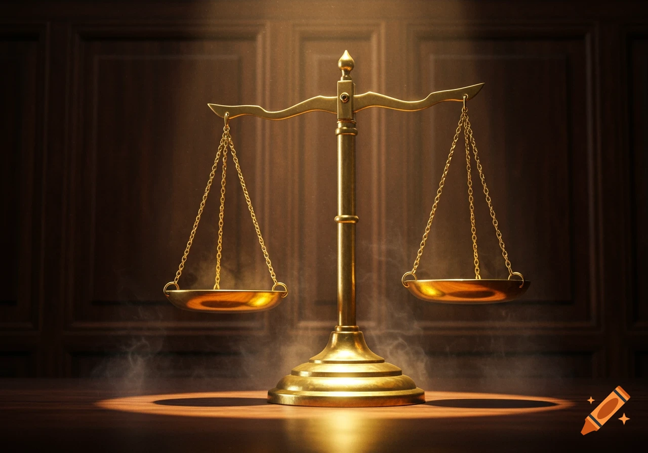 A golden set of scales of justice glows in a spotlight on a wooden table against a dark wooden panel background, with wisps of smoke.