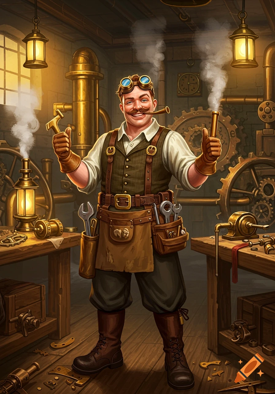 A smiling steampunk mechanic with goggles and a pipe, holding tools and ...