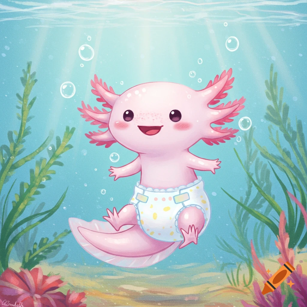A kawaii pink axolotl in a polka-dotted diaper swims underwater amidst green plants and bubbles in a cartoon style.