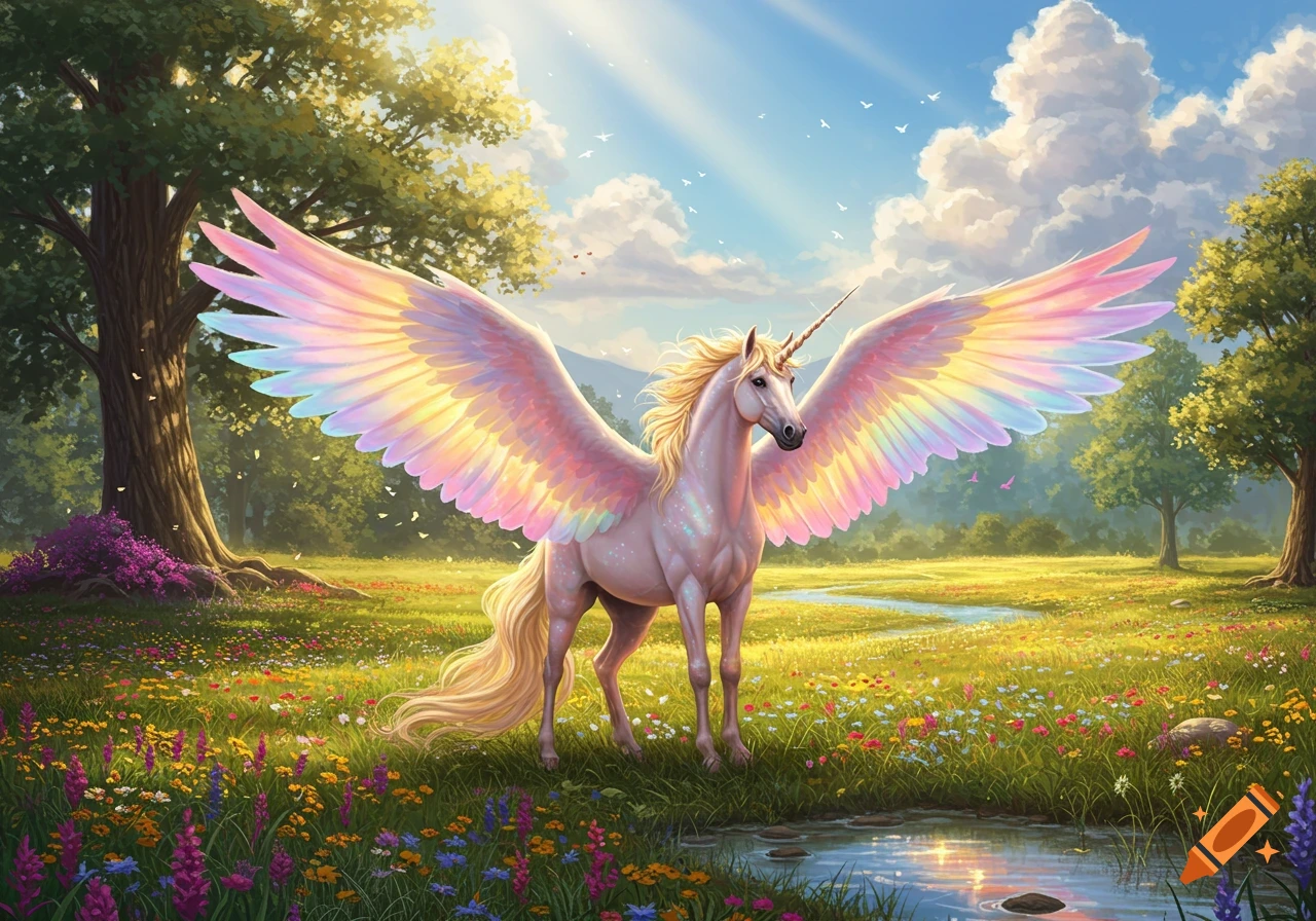 A beautiful white unicorn with shimmering rainbow wings stands in a vibrant, sunlit meadow filled with colorful flowers and a small stream.