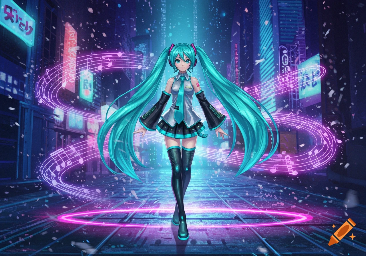 Anime character Hatsune Miku with long turquoise pigtails in a neon-lit futuristic city, surrounded by glowing musical notes.