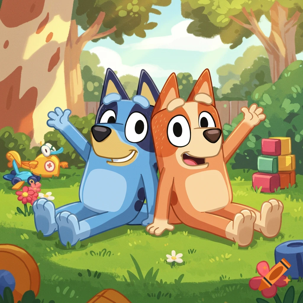 Bluey and Bingo, two cartoon dogs, sitting in a sunny green garden and waving with happy expressions.