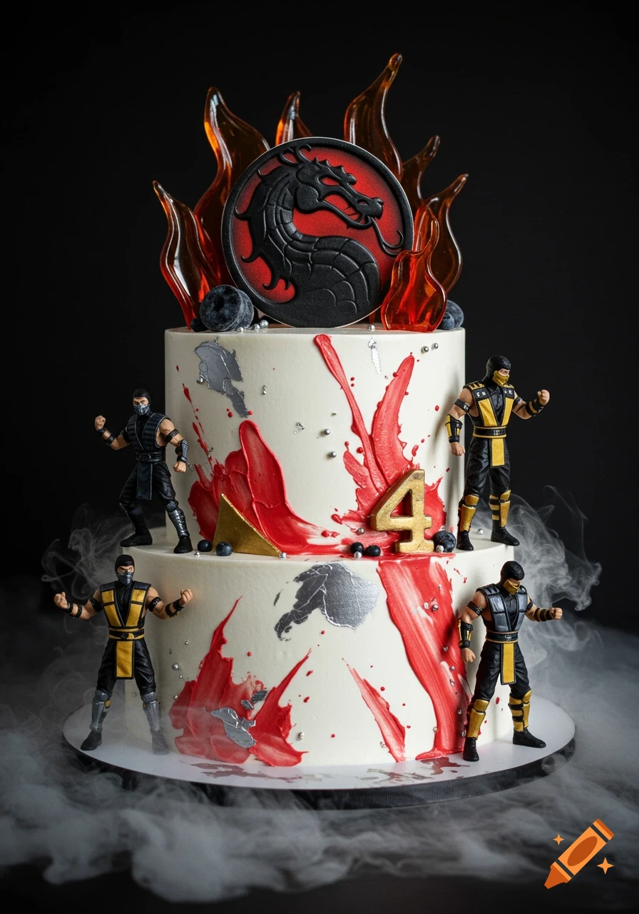 A two-tier white cake with red and silver icing splashes, adorned with Mortal Kombat action figures, a dragon logo, sugar flames, and a golden number 4, set against a black background with smoke.