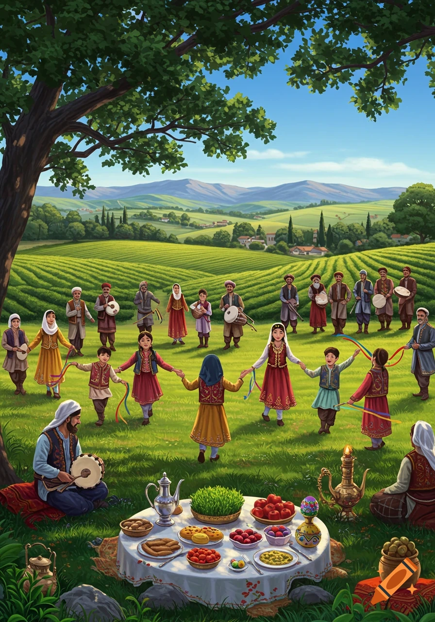 Colorful illustration of a Nowruz celebration in a green field, with people in traditional attire dancing, musicians, and a table of festive food.