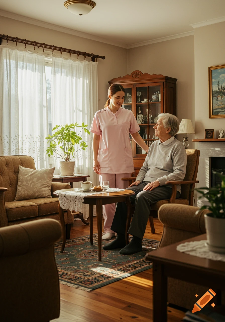 A young caregiver in pink scrubs attends to an elderly woman seated in a cozy living room, bathed in warm sunlight.